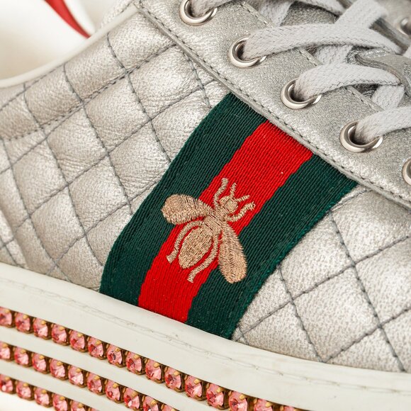 Gucci Ace Silver Quilted-Leather Bee-Webbing Crystal-Platform Sneakers - Picture 9 of 14